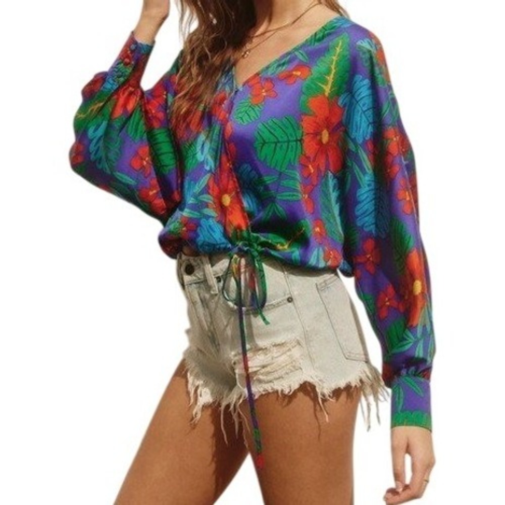 Santa Sofia Faux Wrap Top Womens Small Blue Tropical Floral Long Sleeve New
